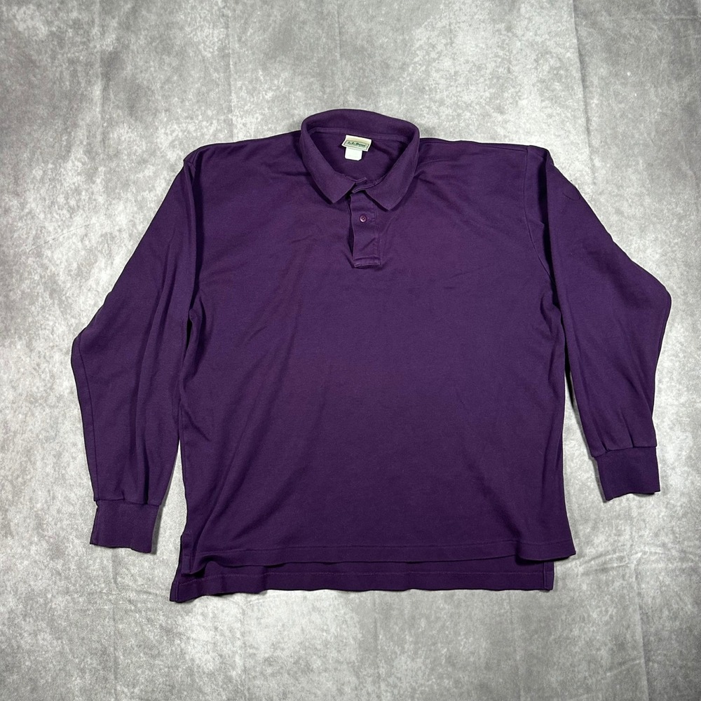 Vtg LL Bean Men XL Purple Long Sleeve Polo Shirt Cotton Knit Freeport Maine Boxy